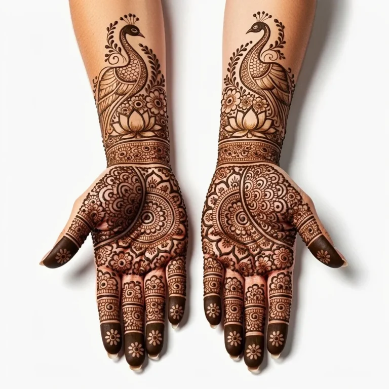 Beautiful full hand heavy floral mehndi design featuring elegant floral henna artwork