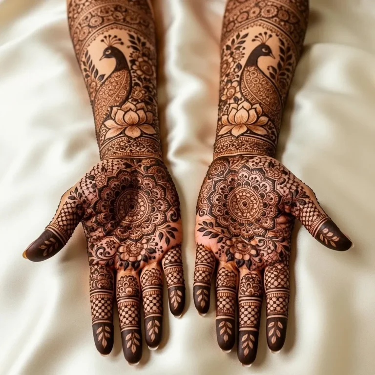 Elegant heavy mandala henna design showcasing intricate ornamental full hand artwork