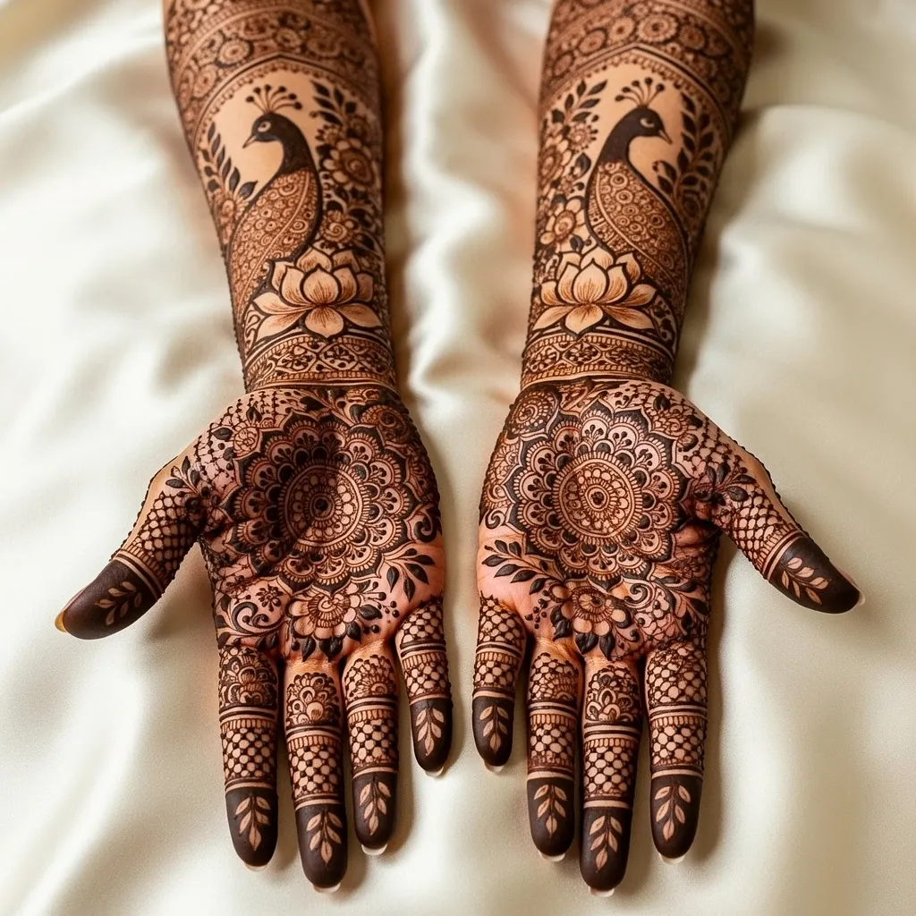 Elegant heavy mandala henna design showcasing intricate ornamental full hand artwork