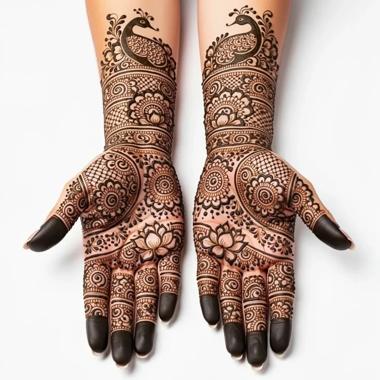 Beautiful full hand heavy peacock mehndi design featuring elegant peacock motif henna artwork