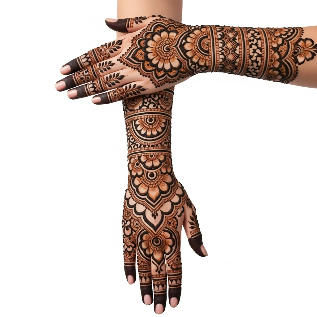 High detail floral full hand mehndi design with intricate flower henna patterns