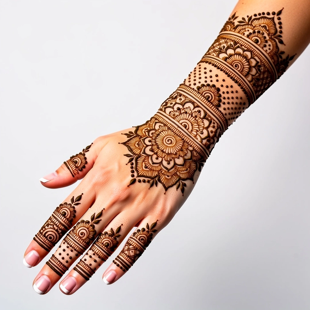 Intricate bridal full hand mehndi design with elegant floral henna patterns