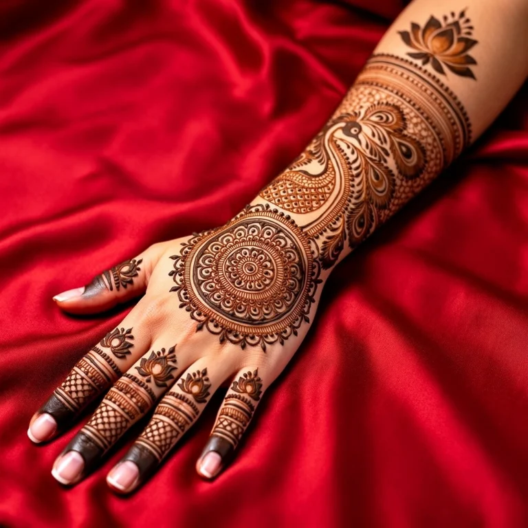 Full hand jewelry style bridal mehndi design with elegant floral henna patterns