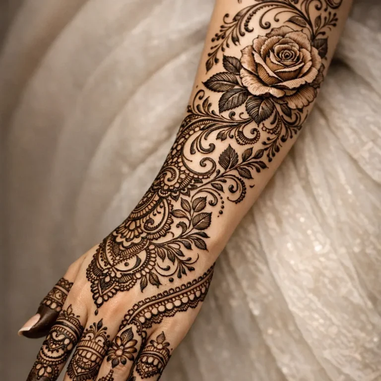 Beautiful full hand mehndi design featuring intricate leaf pattern and floral henna artwork