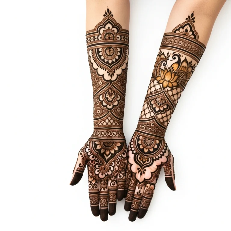 Full hand long hand mehndi design with elegant floral henna patterns