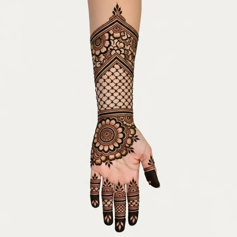 Beautiful full hand luxury full palm mehndi design featuring intricate floral henna artwork