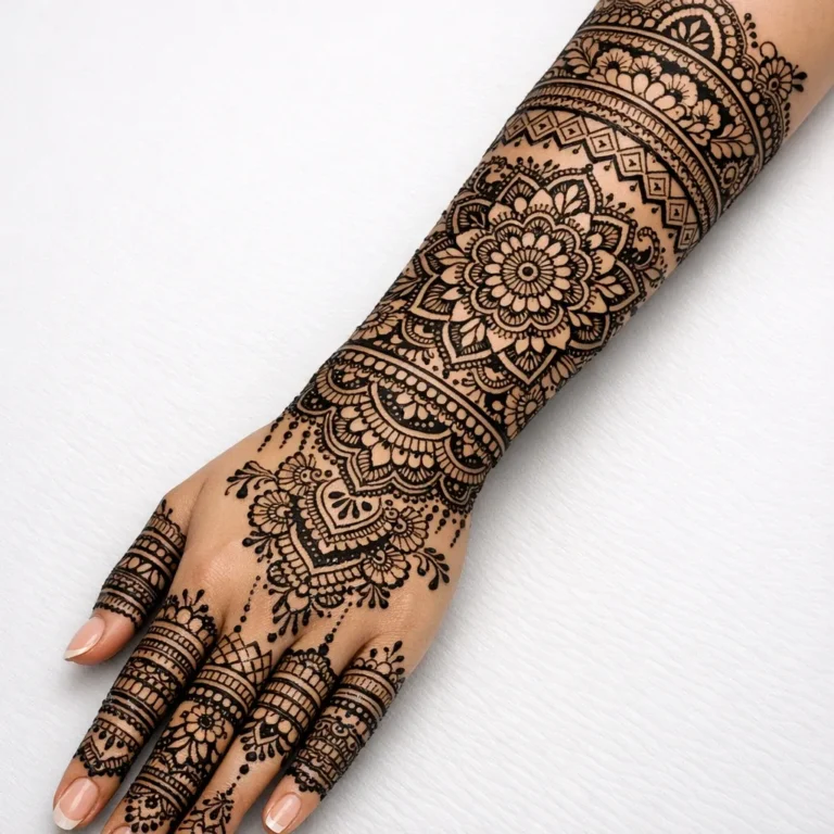 Latest full hand modern mehndi design with stylish flower and paisley henna patterns