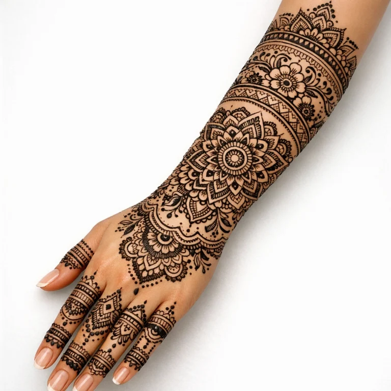 Modern Arabic full hand mehndi design with elegant floral henna patterns