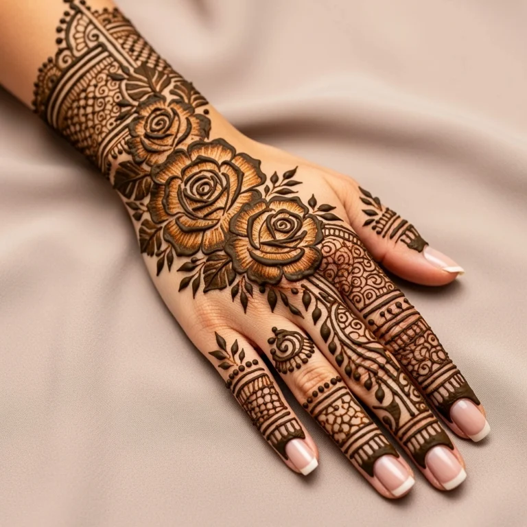 Modern rose chain full hand mehndi design with elegant floral henna patterns