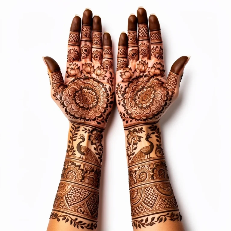 Stylish full hand party look mehndi design with detailed flower and paisley henna patterns