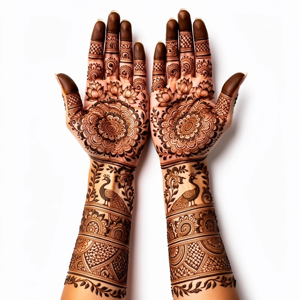 Stylish full hand party look mehndi design with detailed flower and paisley henna patterns