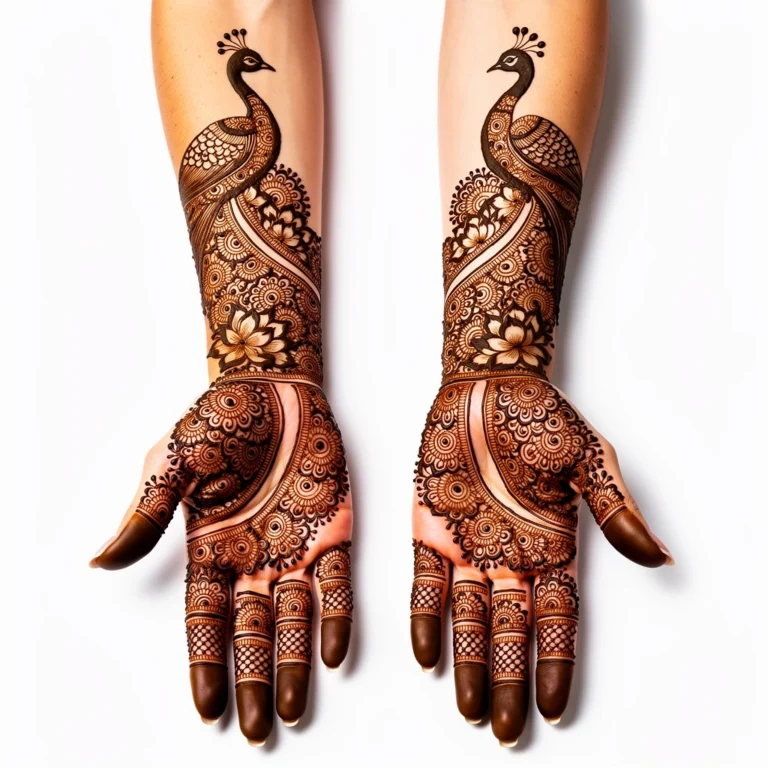 Beautiful full hand mehndi design featuring an intricate peacock pattern and floral henna artwork