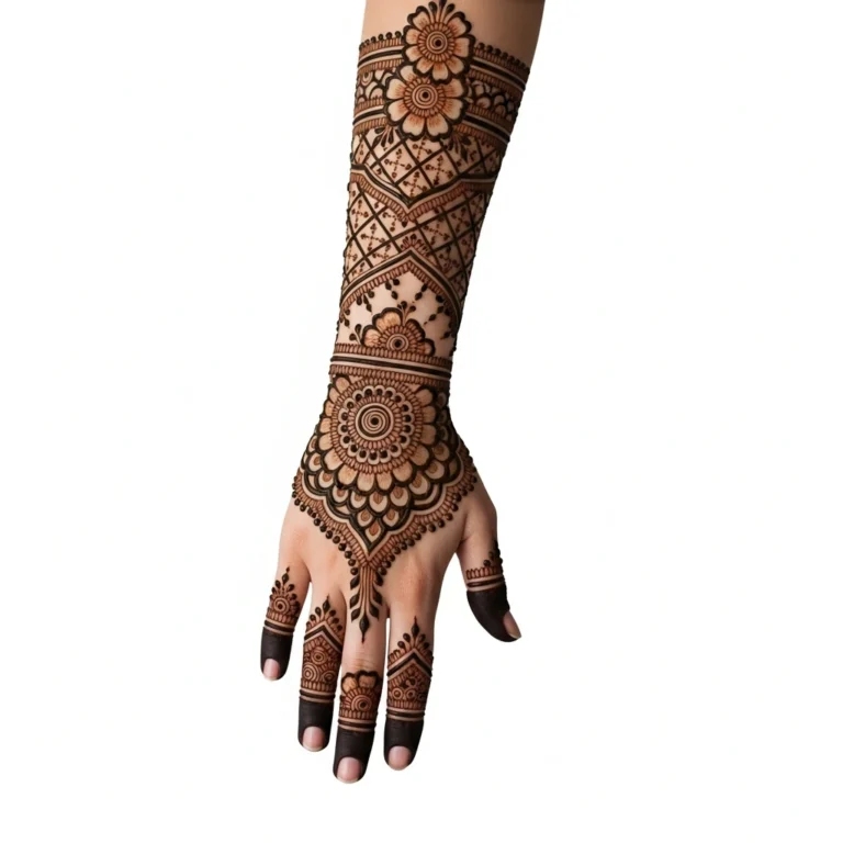 Full hand rich detail mehndi design with elegant floral henna patterns