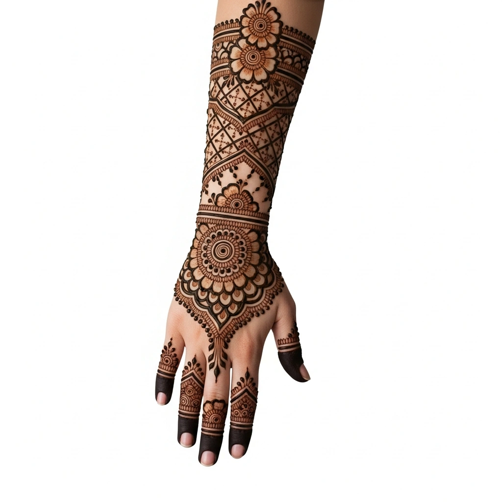 Full hand rich detail mehndi design with elegant floral henna patterns