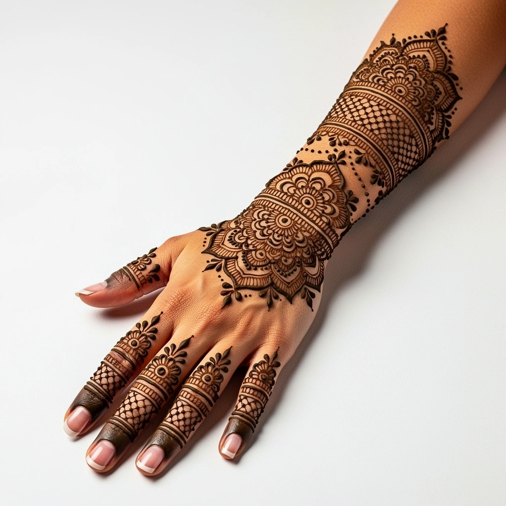Royal bridal full hand mehndi design with elegant floral henna patterns