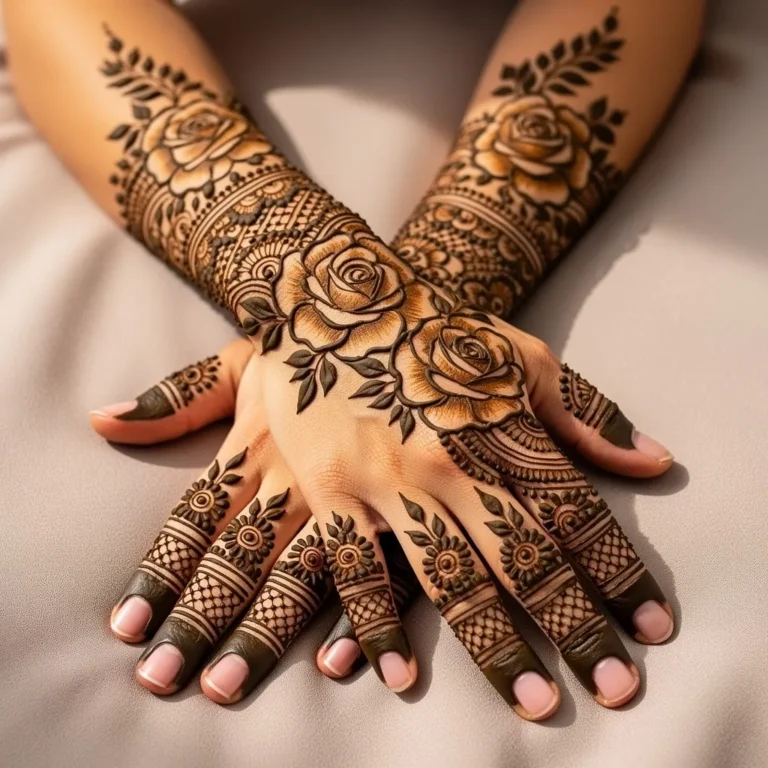 Simple rose chain full hand mehndi design with elegant floral henna artwork