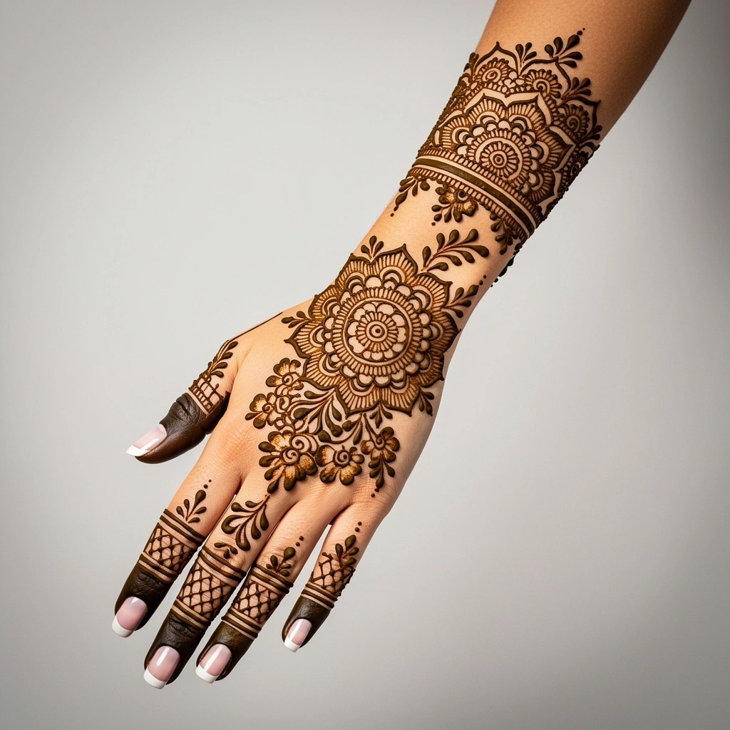 Stylish Arabic full hand mehndi design with elegant floral henna patterns