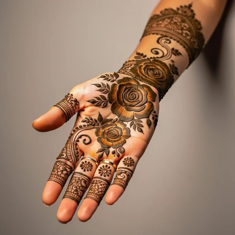 Stylish rose chain full hand mehndi design with elegant floral henna artwork