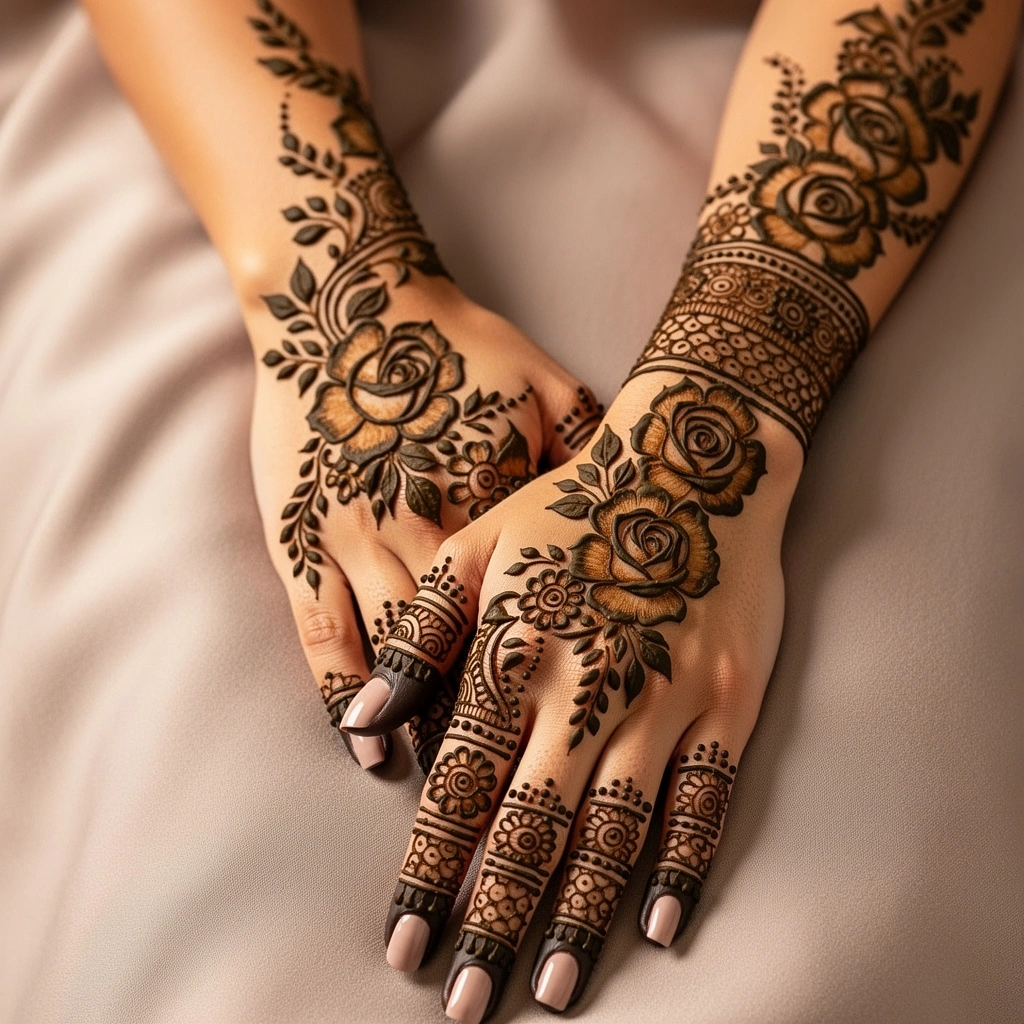 Stylish full hand mehndi design with elegant floral henna patterns