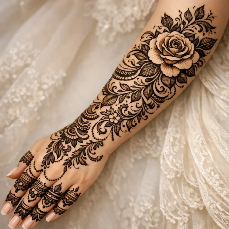Beautiful traditional full hand mehndi design featuring intricate floral henna artwork