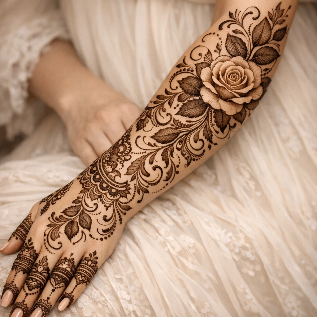 Elegant full hand mehndi design featuring detailed floral, paisley, and leafy henna artwork