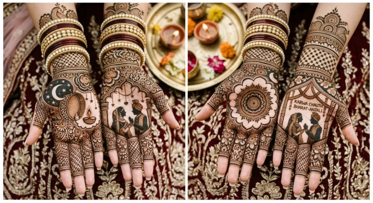 Elegant 2026 Karwa Chauth mehndi design showcasing intricate floral and paisley henna patterns