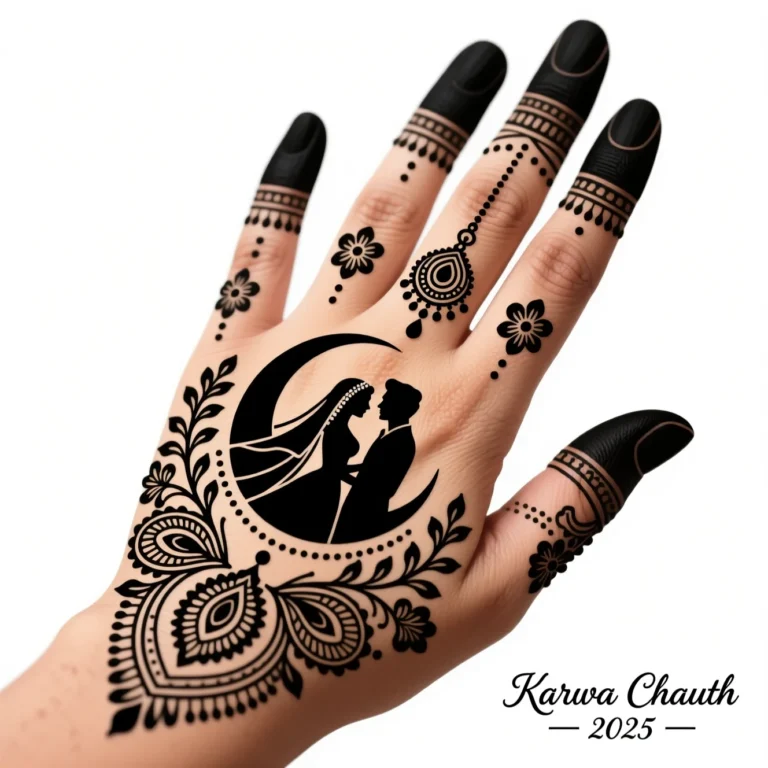 Beautiful Arabic Karwa Chauth mehndi design for 2026 featuring intricate hand henna artwork
