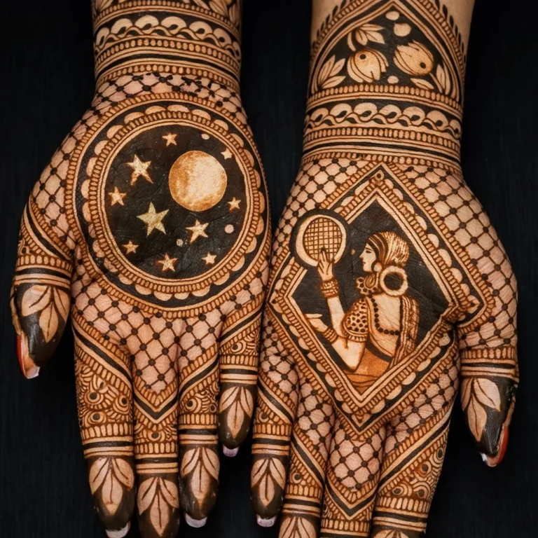 Traditional Arabic full hand Karwa Chauth henna design with detailed paisley patterns