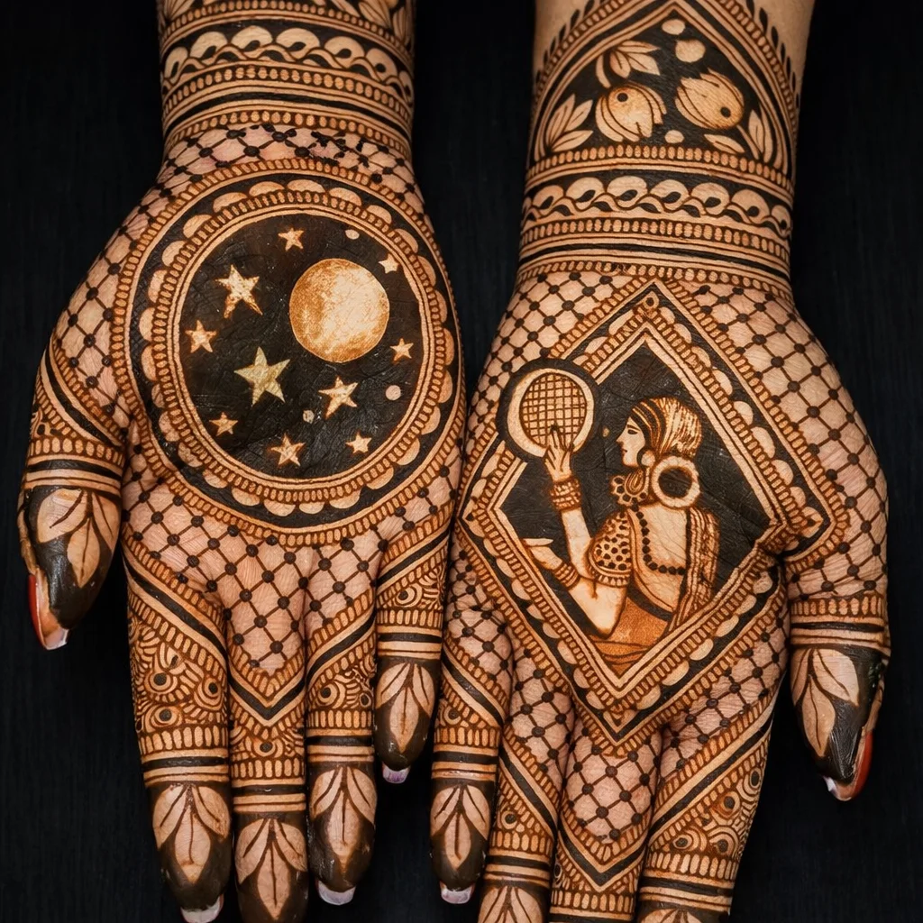 Traditional Arabic full hand Karwa Chauth henna design with detailed paisley patterns