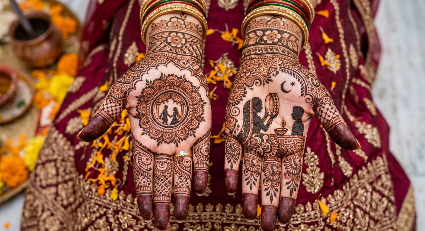 Beautiful Karwa Chauth bridal mehndi design featuring elegant wedding henna artwork