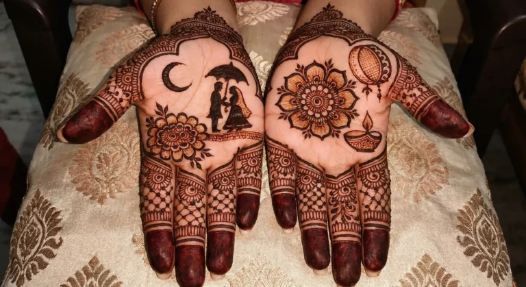 Karwa Chauth celebration mehndi design with elegant floral henna artwork