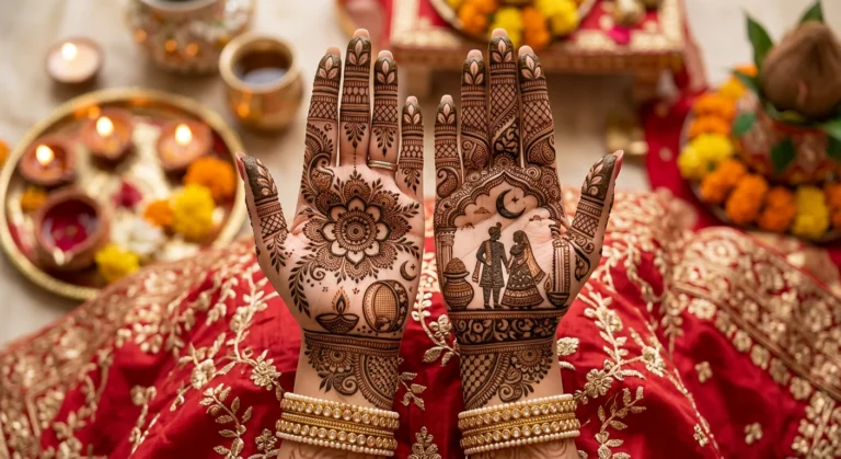Stylish Karwa Chauth floral mehndi design with intricate flower and paisley henna artwork