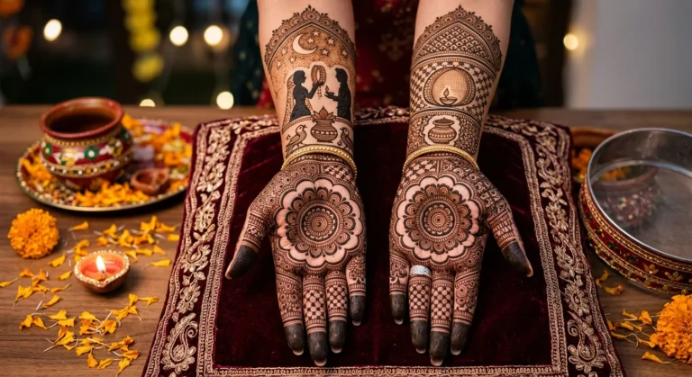 Beautiful front hand Karwa Chauth mehndi design featuring intricate festive henna artwork