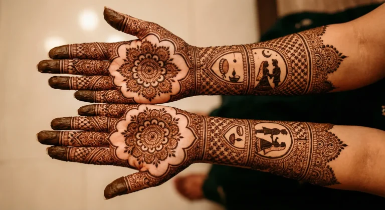 Elegant front hand Karwa Chauth mehndi design with intricate floral henna patterns