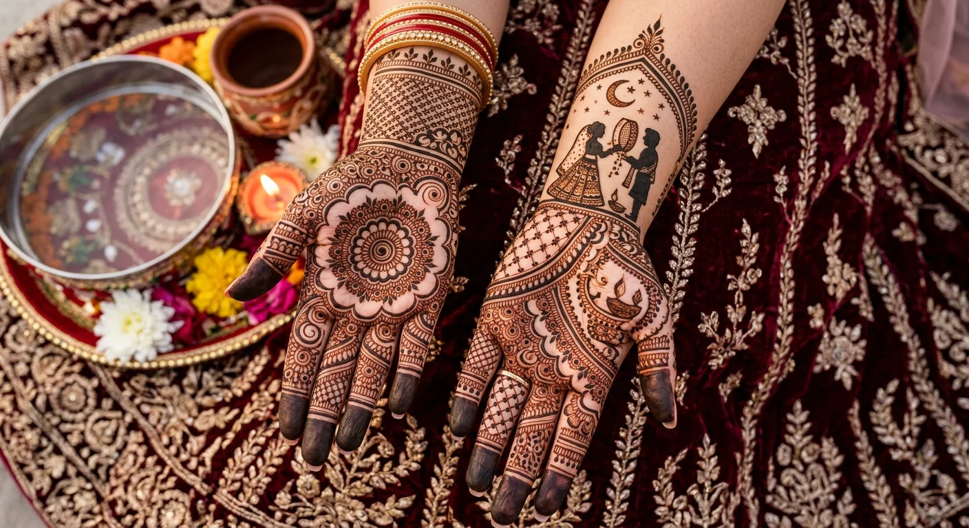 Modern front hand Karwa Chauth henna design showcasing stylish decorative motifs