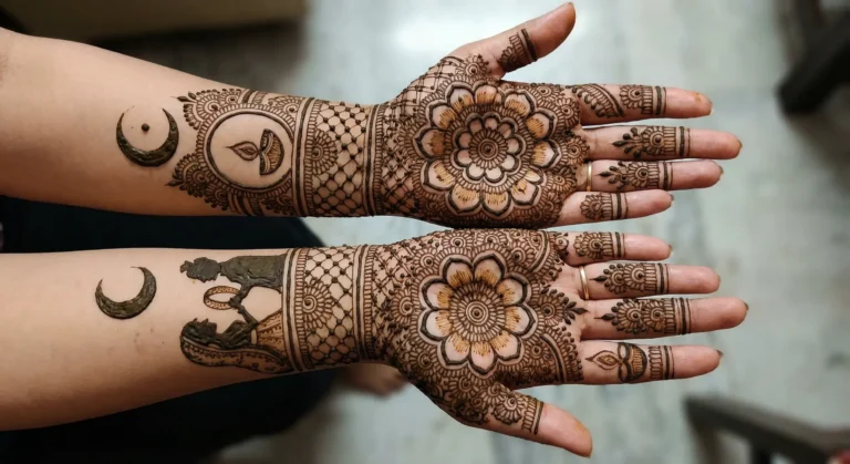 Elegant Karwa Chauth full hand mehndi design 2026 with intricate floral henna artwork