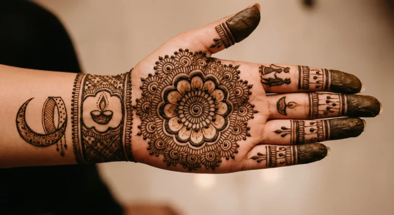 Beautiful Karwa Chauth mehndi design featuring decorative hand pattern and intricate henna artwork