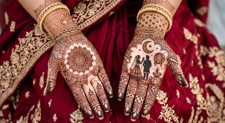 Traditional Karwa Chauth ladies special mehndi design with graceful floral henna artwork
