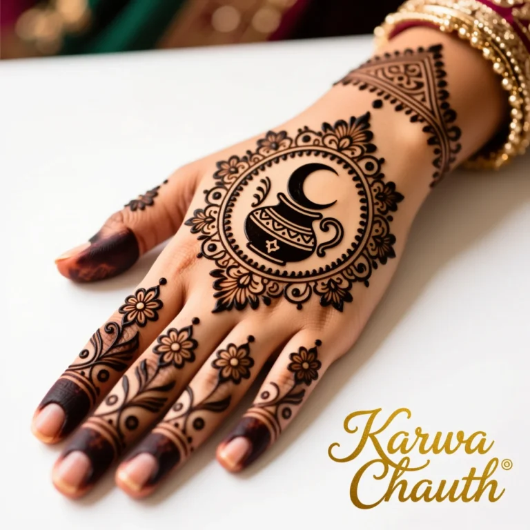Latest Karwa Chauth mehndi design 2026 with elegant floral henna patterns