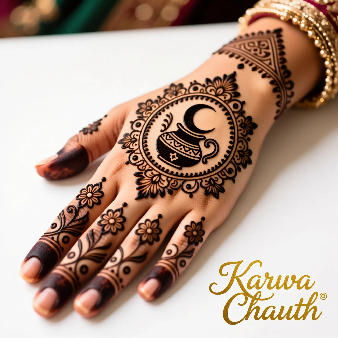 Latest Karwa Chauth mehndi design 2026 with elegant floral henna patterns