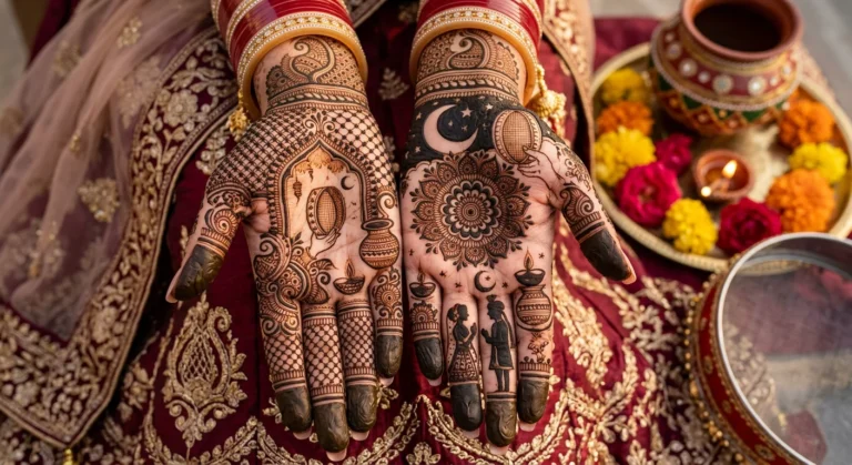 Beautiful latest Karwa Chauth mehndi design featuring intricate floral henna patterns