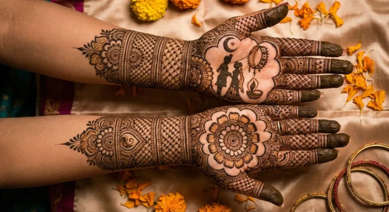 Luxury style Karwa Chauth mehndi design with elegant floral henna patterns