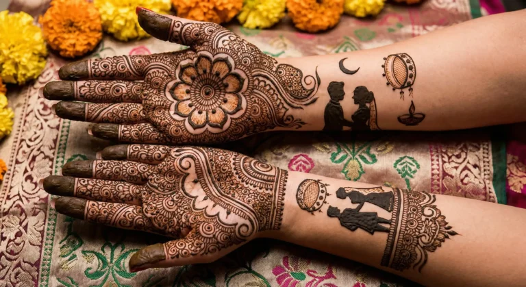 Modern bridal Karwa Chauth mehndi design with elegant floral henna patterns