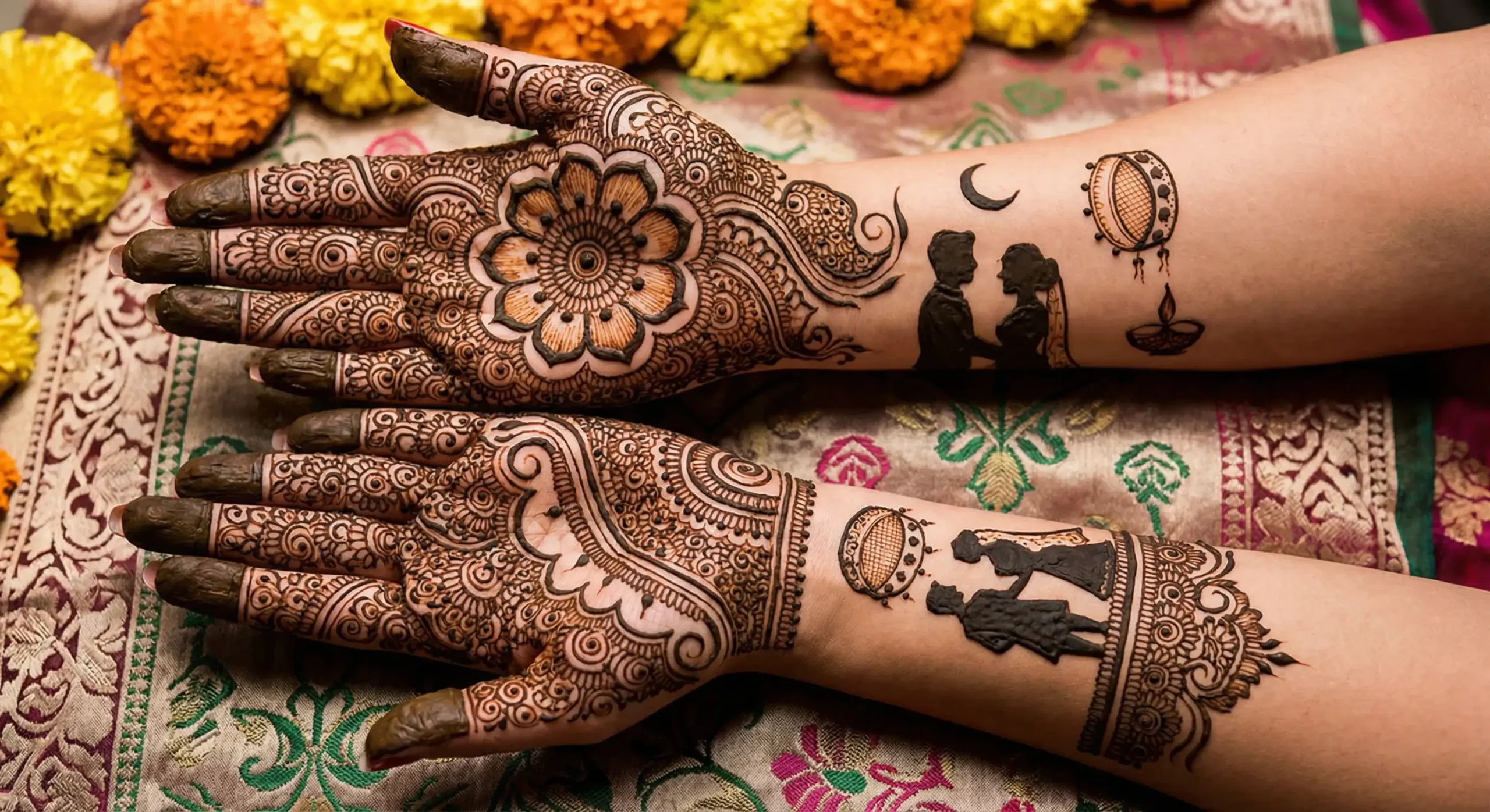 Modern bridal Karwa Chauth mehndi design with elegant floral henna patterns