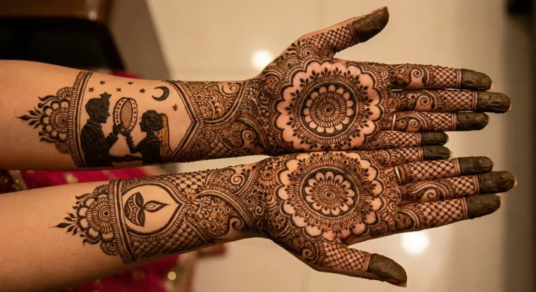 Modern festival look Karwa Chauth mehndi design with elegant floral henna patterns