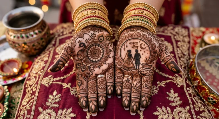 Modern mehndi art Karwa Chauth design with elegant floral henna patterns