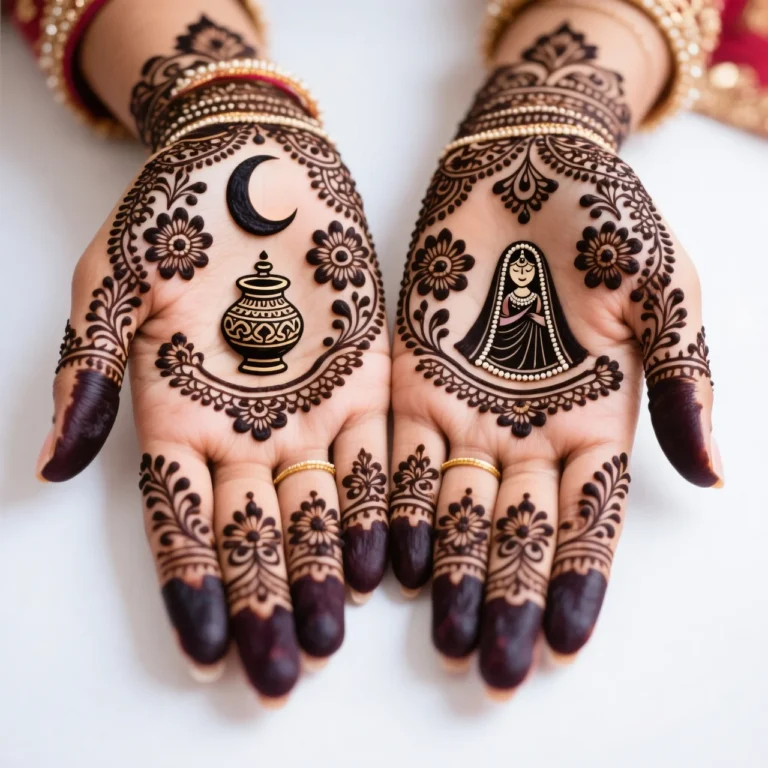 Beautiful new Karwa Chauth mehndi design featuring intricate floral henna artwork