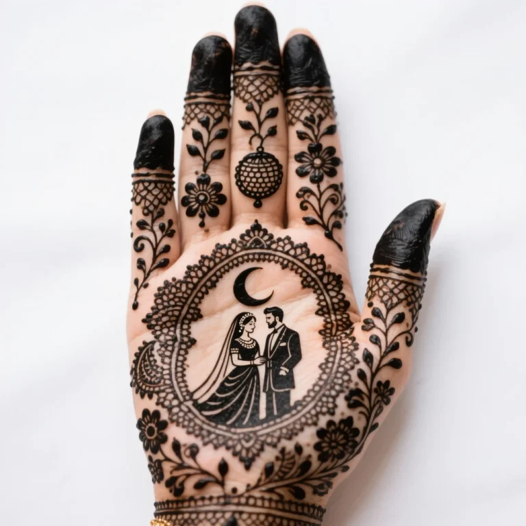 Karwa Chauth party style mehndi design with elegant floral henna patterns