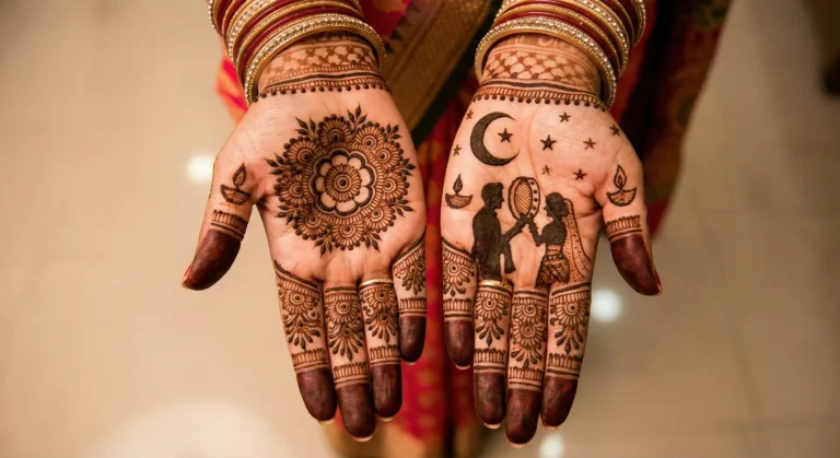 eautiful Karwa Chauth premium mehndi design featuring intricate festive henna artwork
