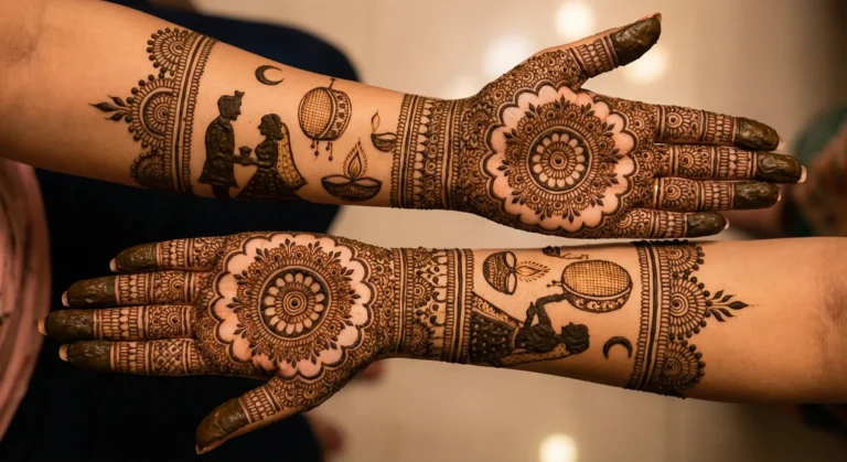 Professional mehndi art Karwa Chauth design with elegant floral henna patterns